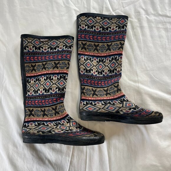 Muk Luks Shoes - Muk Luks Aubrey Knit Rubber Tall Rain Boots Southwestern Stripe | Size 10